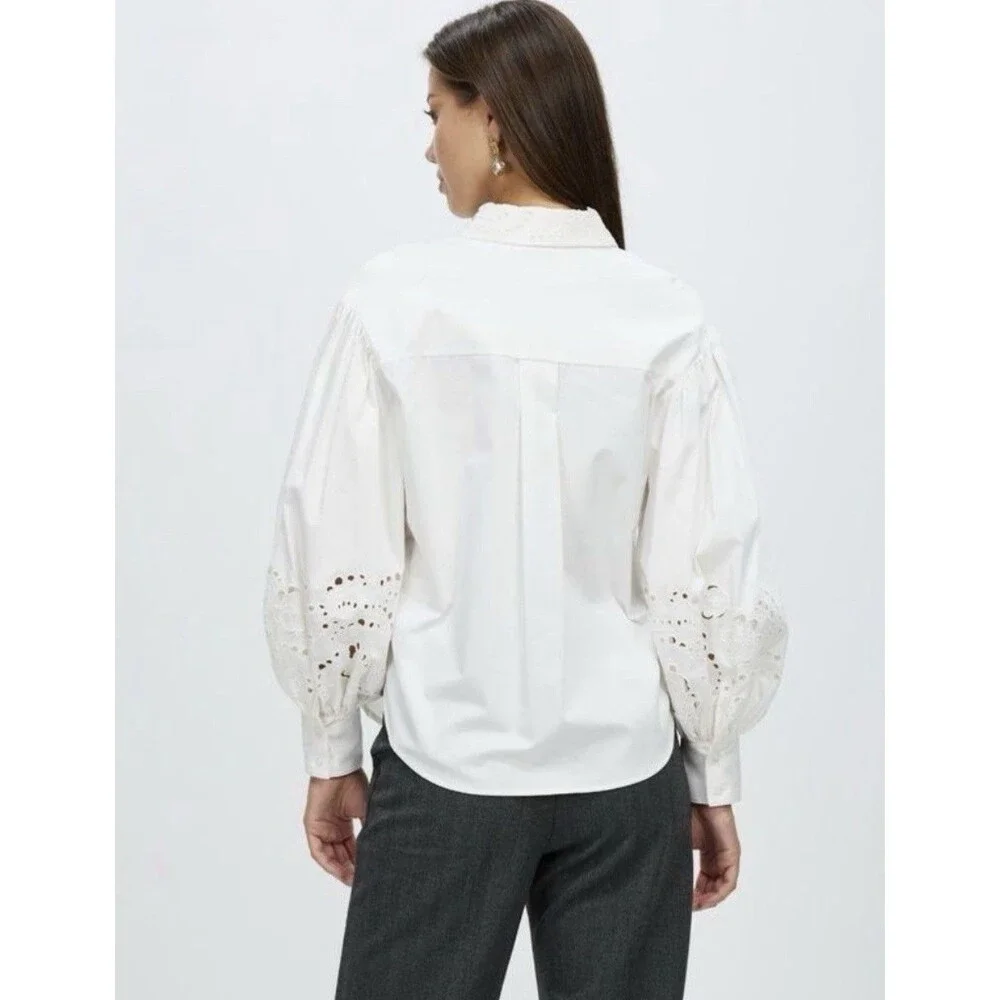 Kate Spade New York Poplin Cutwork Shirt White Button Down Eyelet Sleeve Size 8